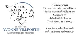 Karte der Kleintierpraxis Dr. Yvonne Villforth mit Kontaktdaten und Logo von Katze und Hund.