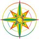 Bunte Windrose mit sieben Zacken, kunstvoll und geometrisch gestaltet auf weißem Hintergrund.