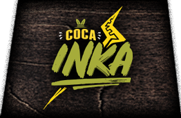 Text "Coca Inka" in green and yellow with a lightning design on a dark, textured background.