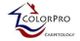 ColorPro Carpetology logo featuring a stylized house outline in blue and red.