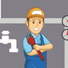 Cartoon plumber in overalls and cap holding a red wrench, standing by pipes and gauges.