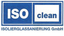 Logo mit der Aufschrift "ISO clean" und "ISOLIERGLASSANIERUNG GmbH" in Blau.
