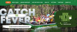 Airboat with excited tourists on a swamp tour, text reads "Catch the Fever."