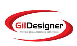 Logotipo da GilDesigner com texto: "Móveis para Ambientes Comerciais" e curvas vermelhas.