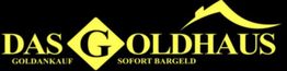 Gelbes Logo "Das Goldhaus" auf schwarzem Hintergrund, mit Text: "Goldankauf, Sofort Bargeld".