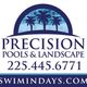 Logo for Precision Pools & Landscape with palm trees and contact info.