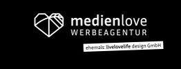 Medienlove Werbeagentur-Logo, ehemals livelovelife design GmbH, mit Herzsymbol auf schwarzem Hintergrund.