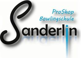 Logo mit dem Text: "Sanderlin ProShop Bowlingschule" in Schwarz und Blau.