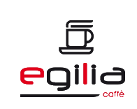 Logo di "Egilia Caffè" con design moderno di una tazza sopra il testo.