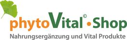 Logo von phytoVital Shop mit Ginkgo-Blatt, Slogan: Nahrungsergänzung und Vital Produkte.