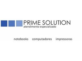 Logo da Prime Solution com caixas azuis e texto: "notebooks, computadores, impressoras".