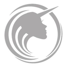 Silhouette eines Einhorns und einer Person in einem kreisförmigen Design.