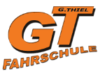 Logo mit den orangefarbenen Buchstaben "GT Fahrschule" und "G. Thiel" darüber.