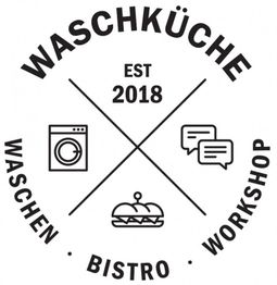 Logo mit Text "Waschküche", Icons für Waschen, Bistro, Workshop und Schrift "Est 2018".