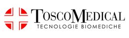 Logo ToscoMedical con croce rossa e testo "Tecnologie Biomediche" in nero.