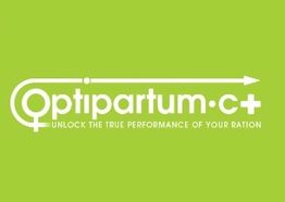 Logo de Optipartum C+ en fondo verde con lema en inglés.