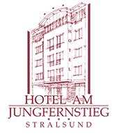 Logo des Hotel am Jungfernstieg Stralsund, mit gezeichneter Fassade eines Gebäudes.