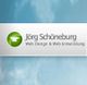 Logo mit grünem Symbol und Text: "Jörg Schöneburg, Web Design & Web Entwicklung", blauer Hintergrund.