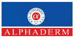 Blaues und rotes Logo mit "ALPHADERM"-Schriftzug und einem kreisförmigen Symbol oben.