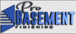 Logo with blue text: "Pro Basement Finishing" and a stair graphic on the left.