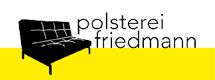 Schwarzes Sofa-Logo mit Schriftzug "Polsterei Friedmann" auf gelbem Hintergrund.