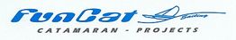 Logo von FunCat Sailing, Text "Catamaran Projects" mit Umriss eines Katamarans.