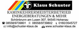 Alt-Text: "Visitenkarte von Klaus Schuster, bietet Kaminkehrbetrieb, Energieberatung und mehr."