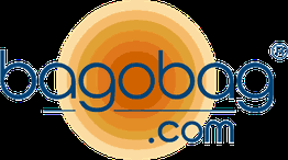 Logo mit dunkelblauem Schriftzug „bagobag.com“ vor konzentrischen orangen Kreisen.