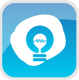 Blaues Icon mit weißer Glühbirne und Zickzacklinien, Symbol für Energie oder Innovation.