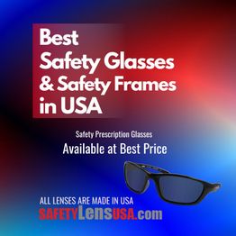 Safety glasses advertisement with red and blue background, featuring black-framed glasses.