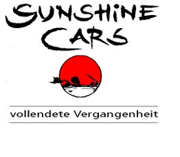Logo mit "Sunshine Cars", roter Kreis und Strichzeichnung, Text: "vollendete Vergangenheit".