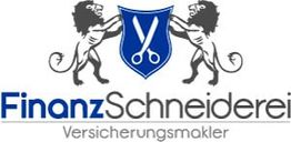 Zwei Löwen halten Wappen mit Schere. Text: "Finanz Schneiderei Versicherungsmakler".