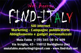 Web agency "FIND-ITALY" con contatti e servizi su sfondo scuro con linee colorate.
