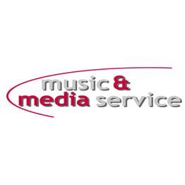 Logo mit Text "music & media service" in Grau und Rot, mit geschwungenem roten Bogen darüber.