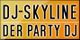 Text: "DJ-SKYLINE, DER PARTY DJ" auf orange-grünem Hintergrund.