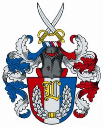 Wappen mit Helm, Schwert und bunten Ornamenten in Blau, Rot und Weiß.