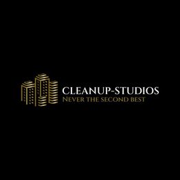 Logo mit Hochhäusern, Text: "CLEANUP-STUDIOS, NEVER THE SECOND BEST", schwarz-goldenes Design.