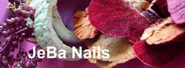 Dekorative Trockenblumen mit dem Text "JeBa Nails" auf einem lila Hintergrund.