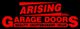 "Arising Inc. Garage Doors logo with red text on black, highlighting quality and craftsmanship."