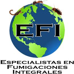 Logo de EFI: un escorpión, una cucaracha, y un insecto sobre el mundo. Texto: "Especialistas en Fumigaciones Integrales".