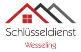 Logo mit drei Dächern und "Schlüsseldienst Wesseling"-Text in Rot und Grau.