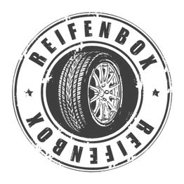 Schwarz-weißes Logo mit stilisiertem Autoreifen und Schriftzug "REIFENBOX".