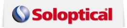 Logotipo de Soloptical: texto rojo con un icono azul y blanco circular a la izquierda.