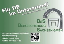 Grünes Firmenlogo von Bergsicherung Sachsen GmbH mit Kontaktinfo und QR-Code.