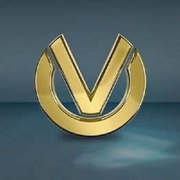 Goldenes V-Logo in einem Kreis, auf graublauem Hintergrund.