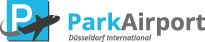 Logo von Park Airport Düsseldorf International mit Flugzeugsymbol.