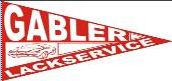 Rotes Logo mit Text "GABLER LACKSERVICE" auf einem dreieckigen Banner. Auto-Skizze sichtbar.
