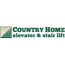 Logo with text: "Country Home Elevator & Stair Lift" in green beside a striped triangle design.