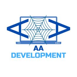 Laptop met een spinnenweb en blauwe tekst "AA Development".