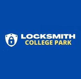 Blue logo with a shield and padlock icon, text: "LOCKSMITH COLLEGE PARK".